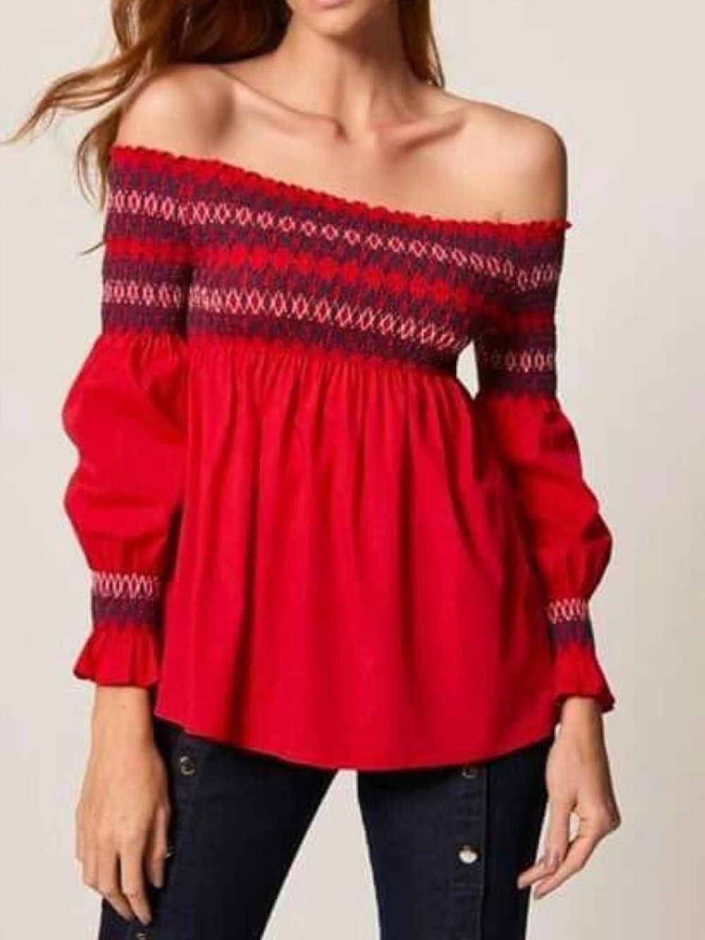 Maje Lezky Red Smocked Off-The-Shoulder Embroidered Peasant Blouse Size 3 / L